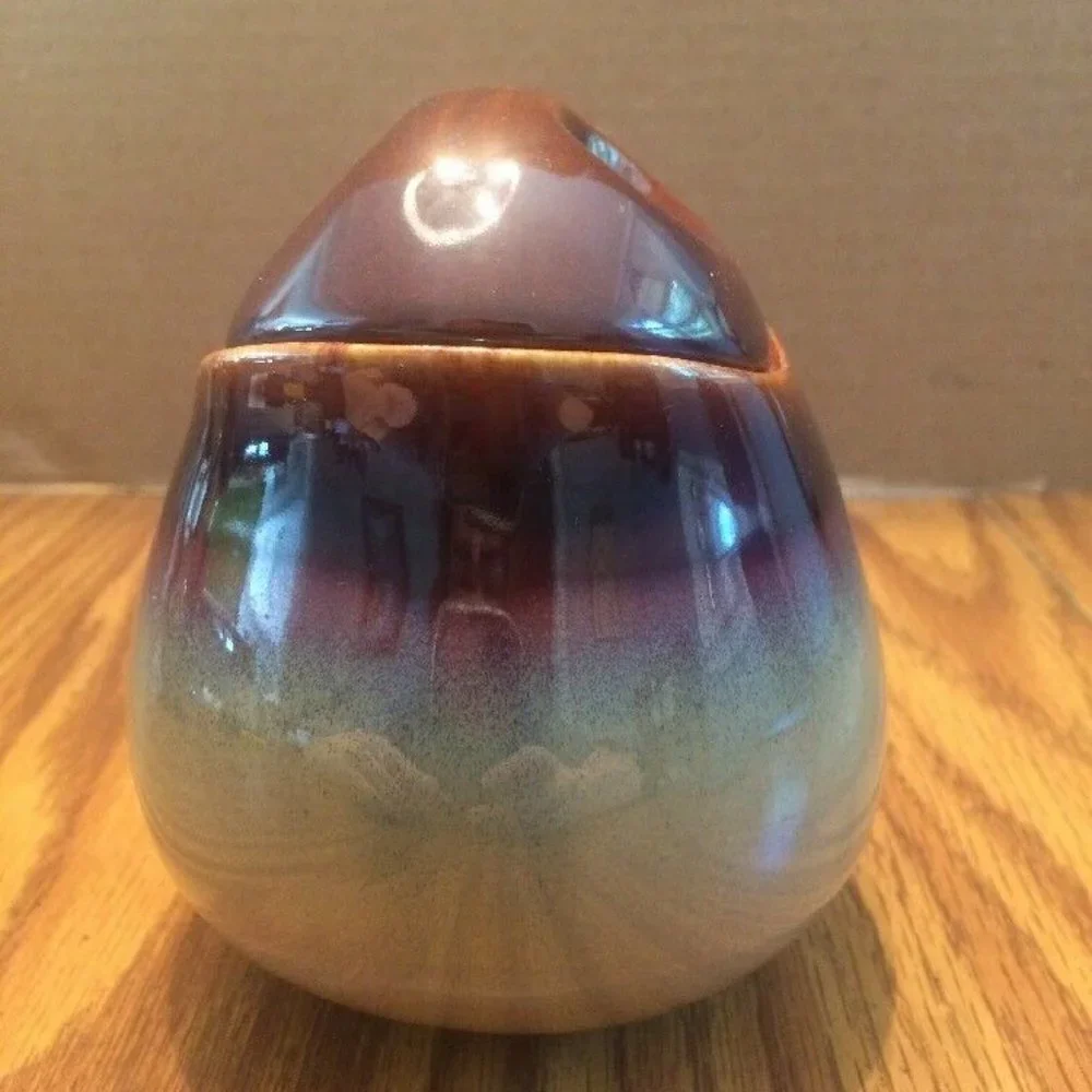 VTG Studio Pottery Glazed Creamer & Sugar Bowl Lid Brown Purple Beige Set Earthy